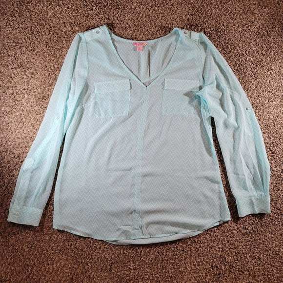 Candie's Sheer Chiffon Long Sleeve Blouse Roll Tab Sleeves Women's Size Large - Picture 1 of 12